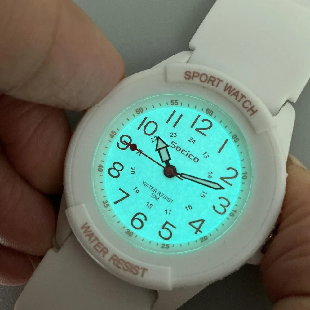 Socico Mens Watch 42mm White Dial Red Numbers White Sport 50M Luminous